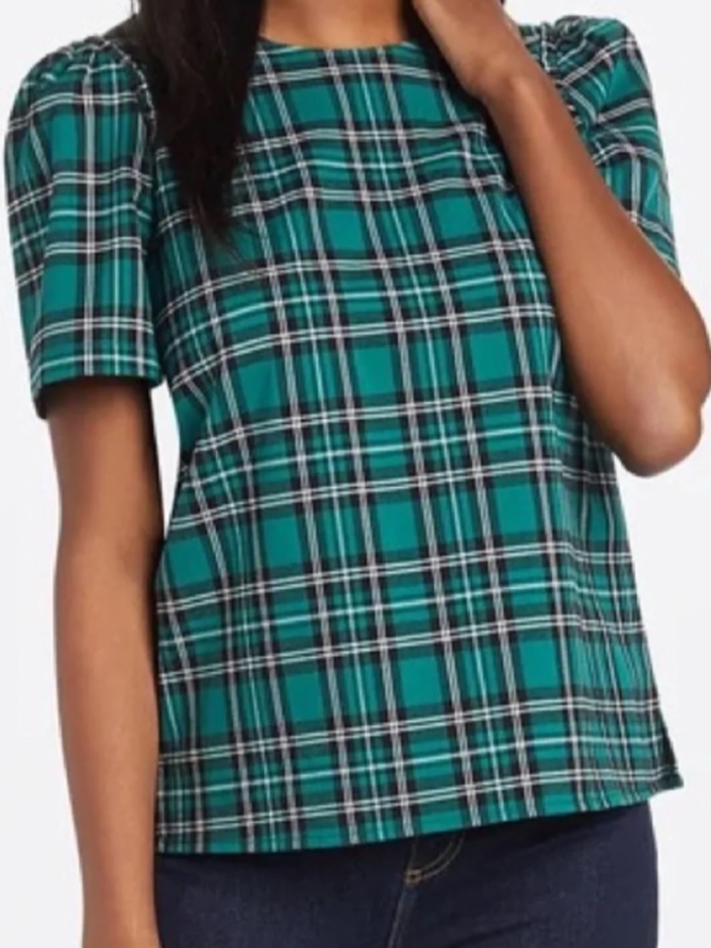 Draper James Green Black Plaid Ruffle Shoulder Short-Sleeve Top